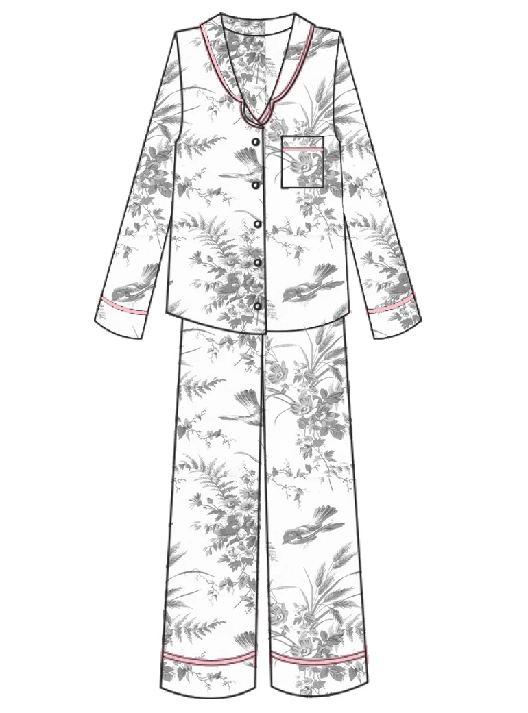 Ladies Traditional Cotton Pyjama Set, Grey Toile Du Jour Print